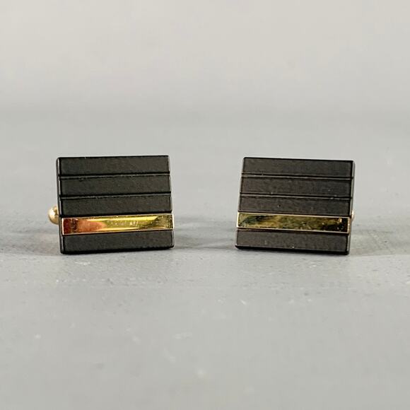 VINTAGE Gold Black Textured Cuff Links - Picture 1 of 2